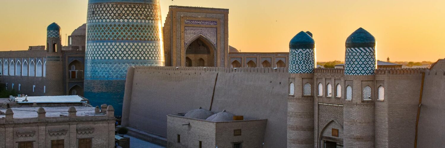 Kalta Minor’s turquoise tiles glowing in Khiva, Uzbekistan.