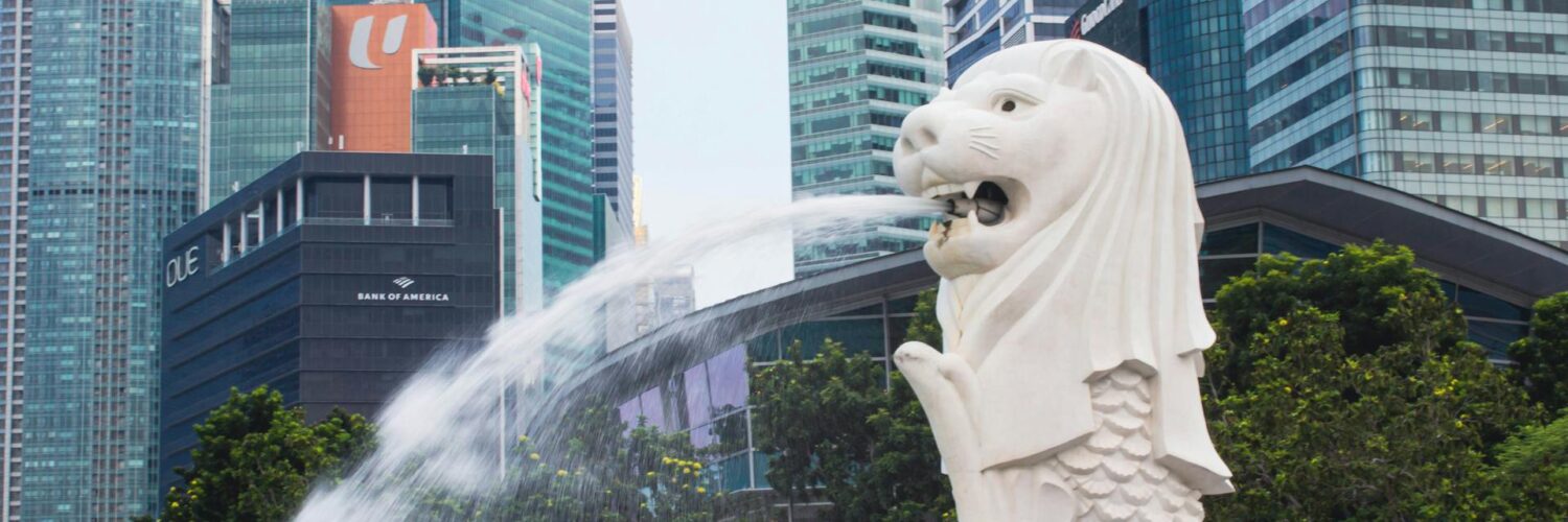 Singapore’s Merlion statue framed by the city’s dazzling skyline.