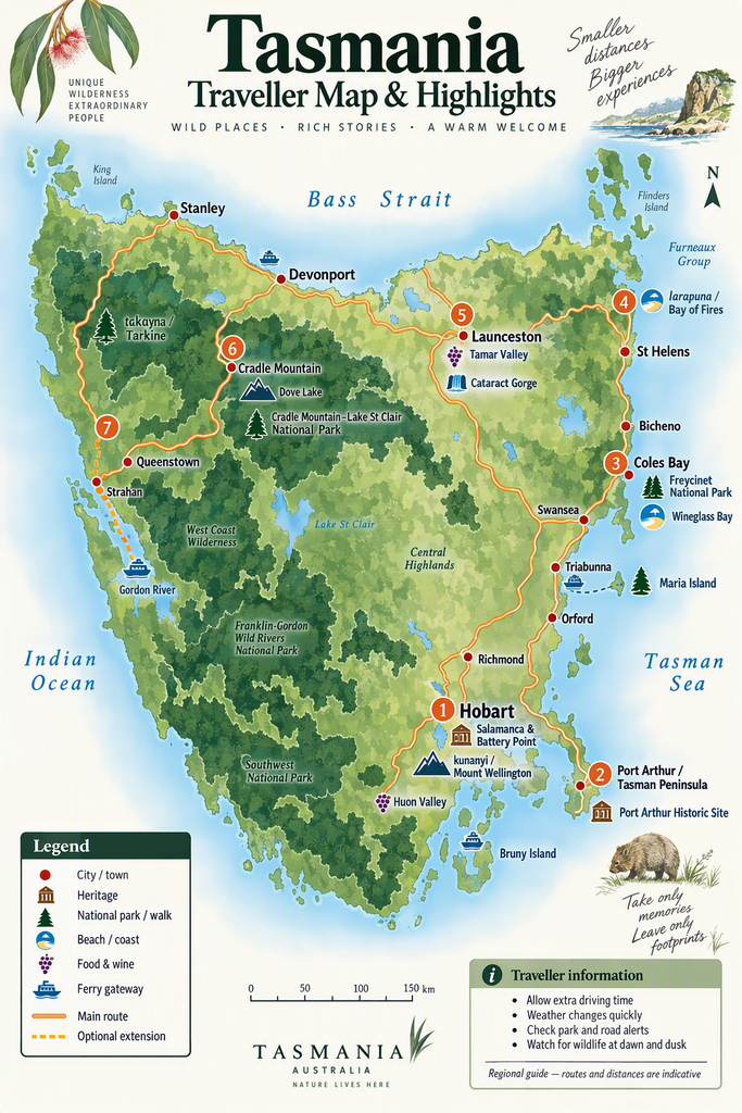 Illustrated traveller map of Tasmania showing a suggested seven-day touring route from Hobart to the Tasman Peninsula, Freycinet, the Bay of Fires, Launceston, Cradle Mountain and the north-west coast. It also marks major attractions including Port Arthur Historic Site, Wineglass Bay, Cataract Gorge, Dove Lake, Bruny Island, takayna/Tarkine and an optional west-coast extension to Strahan and the Gordon River.
